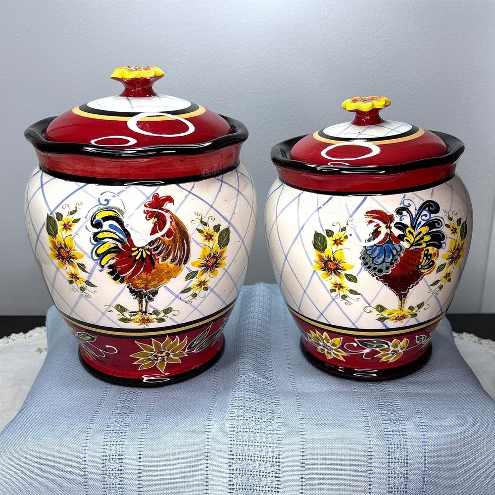 CI Julie Ueland Chanticleer Rooster Ceramic Medium & Small Canister Set of 2
